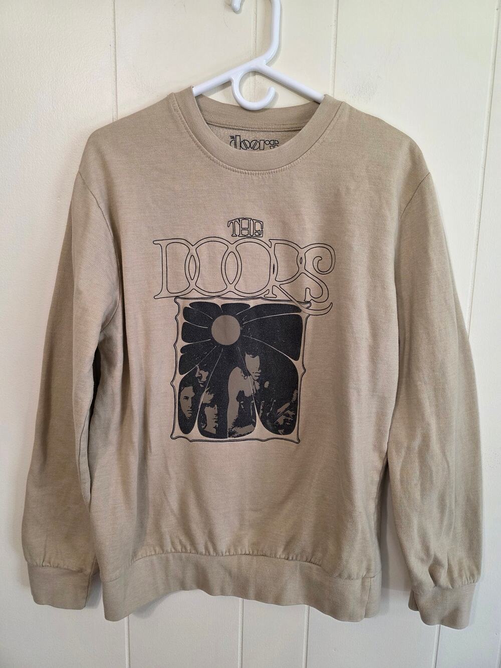 The Doors Graphic Tan Crewneck Sweatshirt Womens L Earthy Grunge Punk Rock Cozy